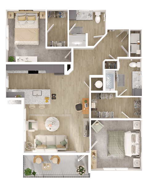 Floor plan for 2 beds, 2 baths, 1200 sqft